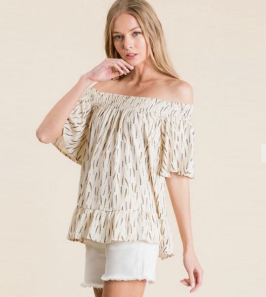 Veveret Cream with Black Off Shoulder Womens Top T52280