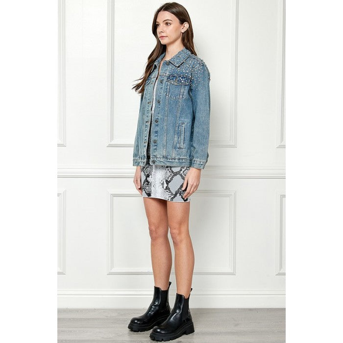 Veveret Crystal Stud Overfit Denim Jacket VJ71523