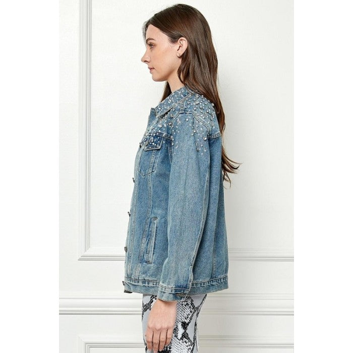Veveret Crystal Stud Overfit Denim Jacket VJ71523