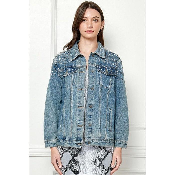 Veveret Crystal Stud Overfit Denim Jacket VJ71523