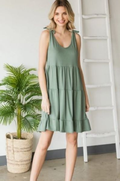 Veveret Green Solid Tier Tie Shoulder Womens Mini Dress D71275-GRN