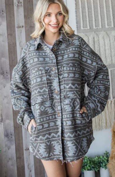 Veveret Grey/Olive Women's Knit Oversized Shacket with Aztec Pattern VJ70589