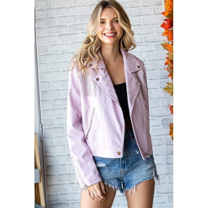 Veveret Lavender Rhinestone Fringed Womens Faux Leather Jacket VJ71411