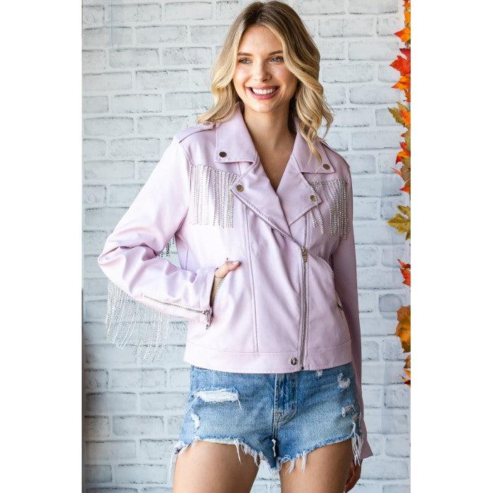 Veveret Lavender Rhinestone Fringed Womens Faux Leather Jacket VJ71411