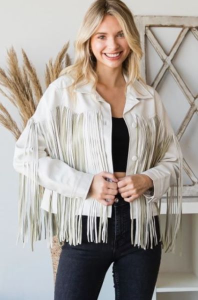 Veveret Off White Fringed Womens Faux Leather Jacket VJ71074-WHT