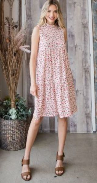 Veveret Off White Tiered Floral Sleeveless Mock Neck Ribbed Dress D70466