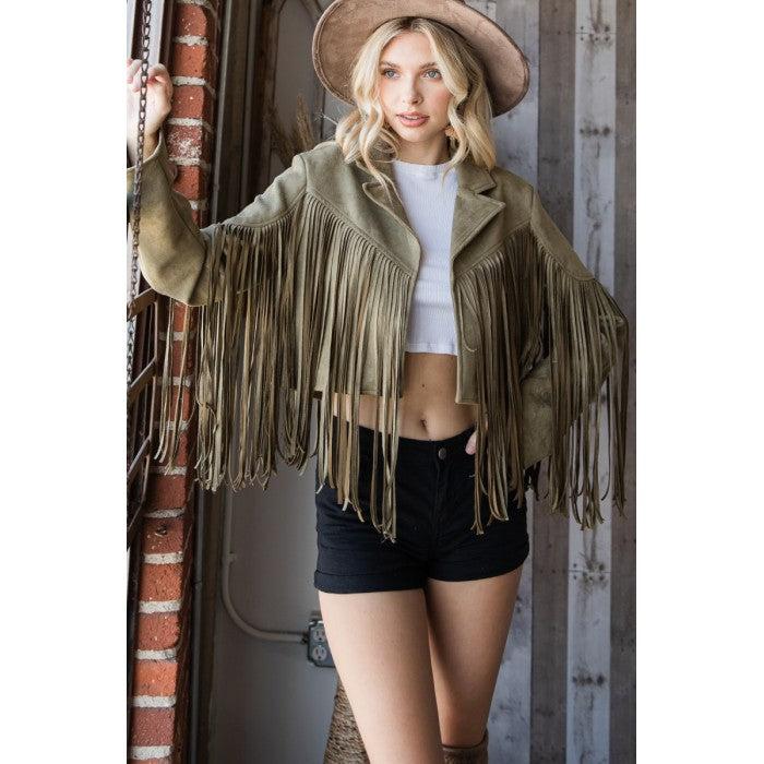 Veveret Olive Suede Moto Womens Long Sleeve Fringe Cropped Jacket