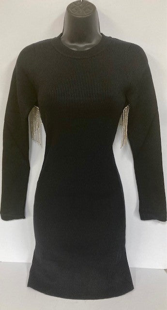 Veveret Paint the Town Black Fitted Open Back Fringe Long Sleeve Women's Dress VD71542-BLK