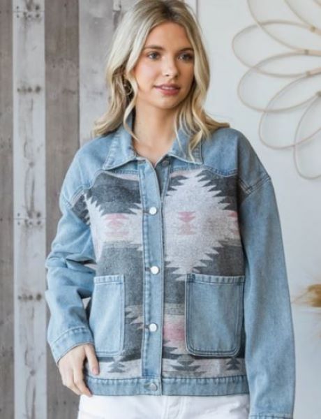 Veveret Pink Combo Womens Denim Jacket with Contrast Aztec VJ70807-PINK