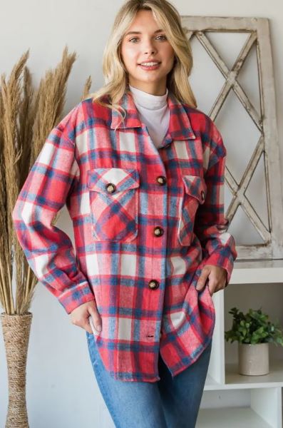 Veveret Red Plaid Button Down Women's Thin Shacket VJ52888A-RED