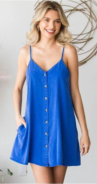 Veveret Royal Blue Button Front Women's Mini Dress VD70748