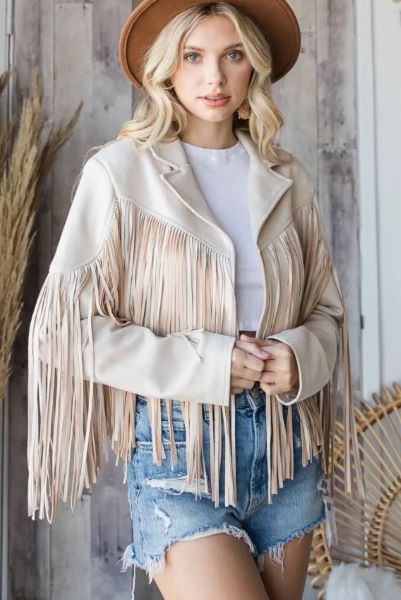 Veveret Sand Women's Suede Moto Jacket with Fringe VJ70272-SAND