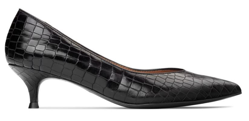 Vionic Black Embossed Leather Josie Womens Comfort Kitten Heel