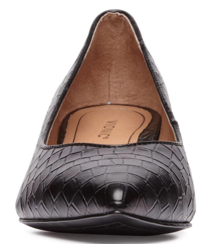 Vionic Black Embossed Leather Josie Womens Comfort Kitten Heel