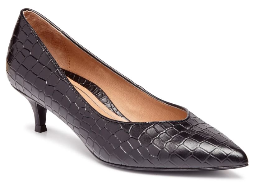 Vionic Black Embossed Leather Josie Womens Comfort Kitten Heel