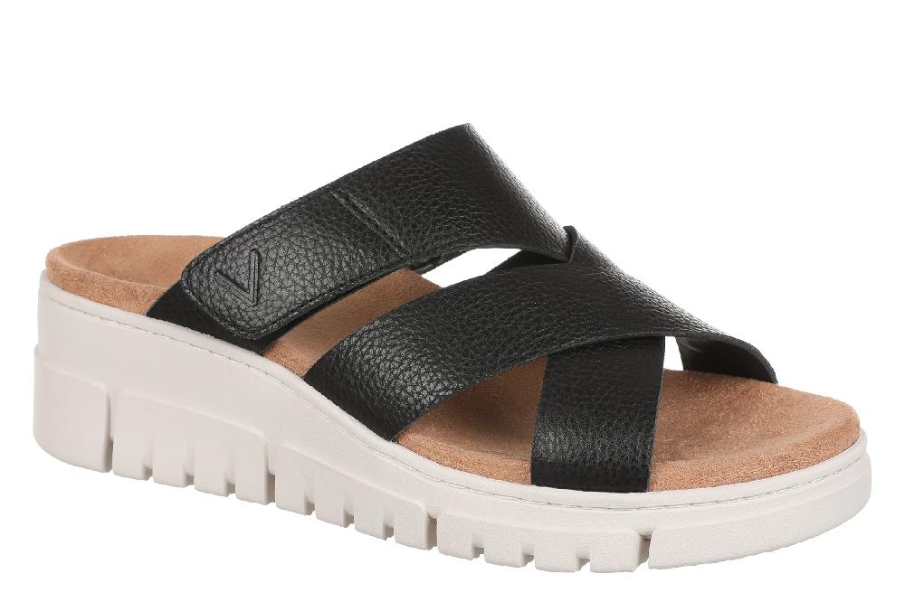 Vionic Black Leather Uptown Sunset Women's Wedge Sandals J3196L1001