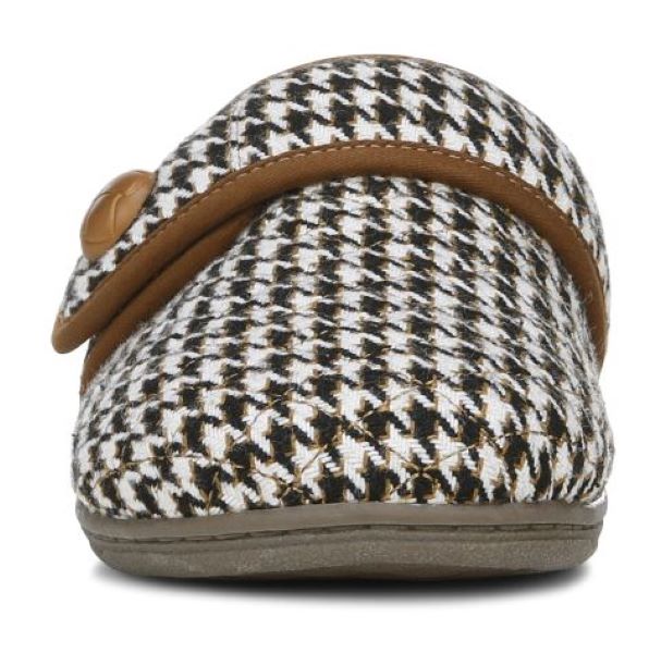 Vionic Cream Houndstooth With Brown Trim Carlin Womens Slippers CARLIN-CREAMMLT
