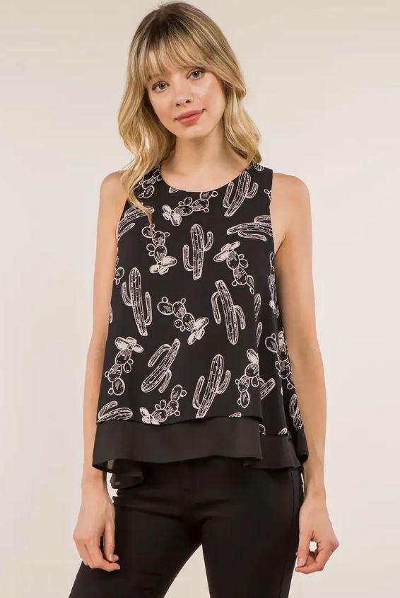 Vision Apparel Black Cactus Print Double Layer A-Line Women's Tank Top T6103