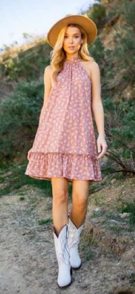 Vision Apparel Mauve Paisley Print Womens Ruffle Hem Halter Dress D1255-MAUVE