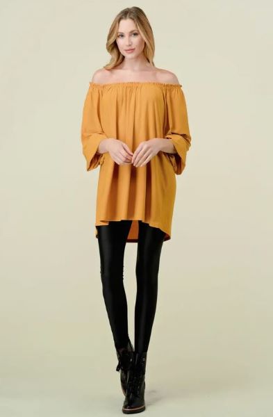 Vision Apparel Mustard Off The Shoulder Bubble Sleeve Women's Tunic T6940-MUS