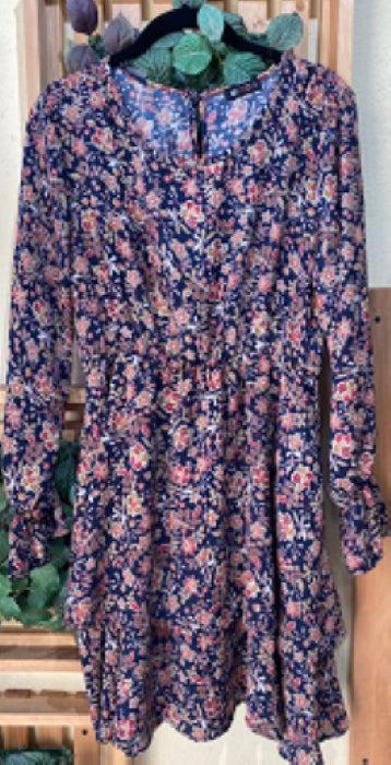 Vision Apparel Navy Floral Ditsy Long Sleeve Womens Dress D933-NVY