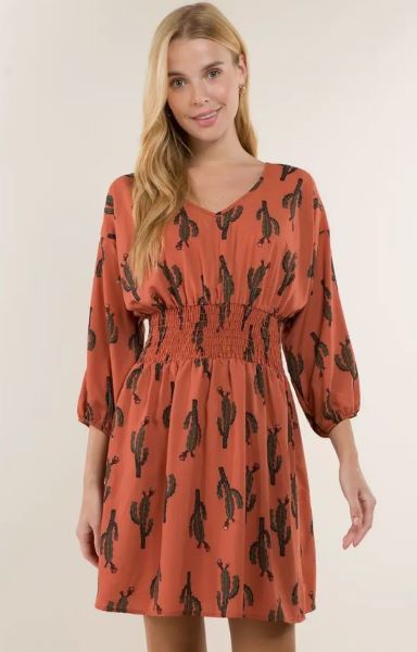 Vision Apparel Rust Cactus Print Smocked Waist Women's Dress in Curvy Sizes D943-P