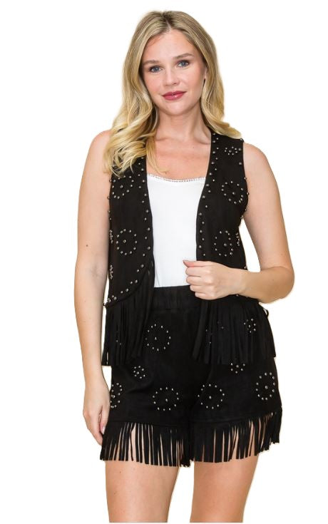 Vocal Apparel Black Stud Embellished Fringe Women's Vest Y3240V-BLACK