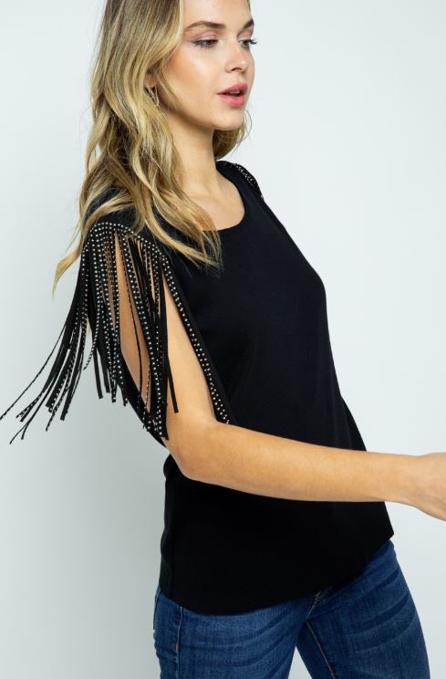 Vocal Apparel Black Top With Shoulder Studded Fringes 18570T-BLACK