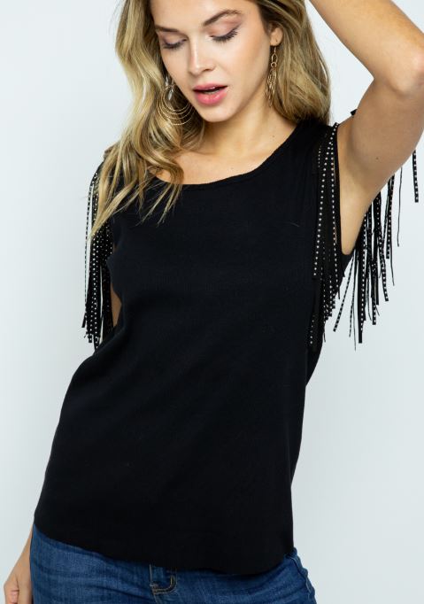 Vocal Apparel Black Top With Shoulder Studded Fringes 18570T-BLACK