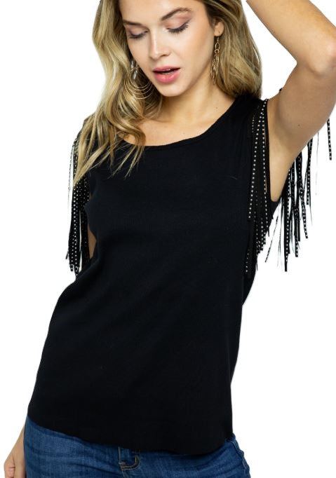 Vocal Apparel Black Top with Shoulder Studded Fringes 18570T-BLACK