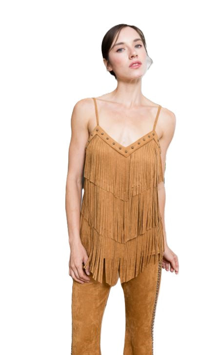 Vocal Apparel Camel Suede Top with Spaghetti Straps and Fringe W3711T-CAMEL