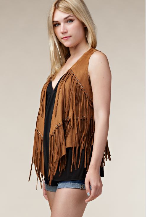 Vocal Apparel Camel Women's Vest With Fringed Detailing IM0653V-CAMEL