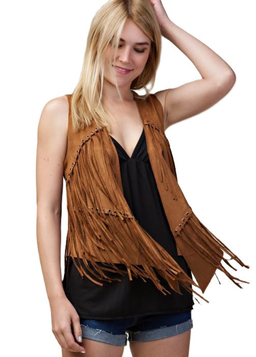 Vocal Apparel Camel Women's Vest with Fringed Detailing IM0653V-CAMEL