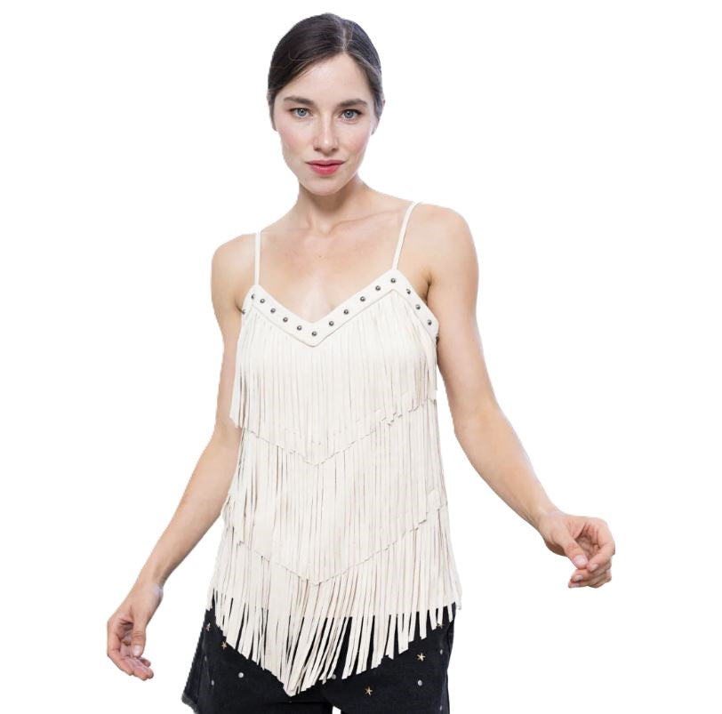 Vocal Apparel Natural Suede Women's Top with Spaghetti Straps and Fringe W3711T-NATURAL