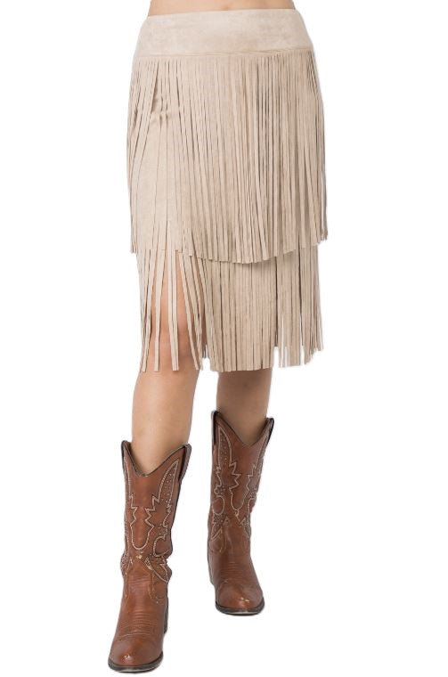 Vocal Apparel Taupe Suede Tiered Women's Fringed Skirt IM2007SK-TAUPE