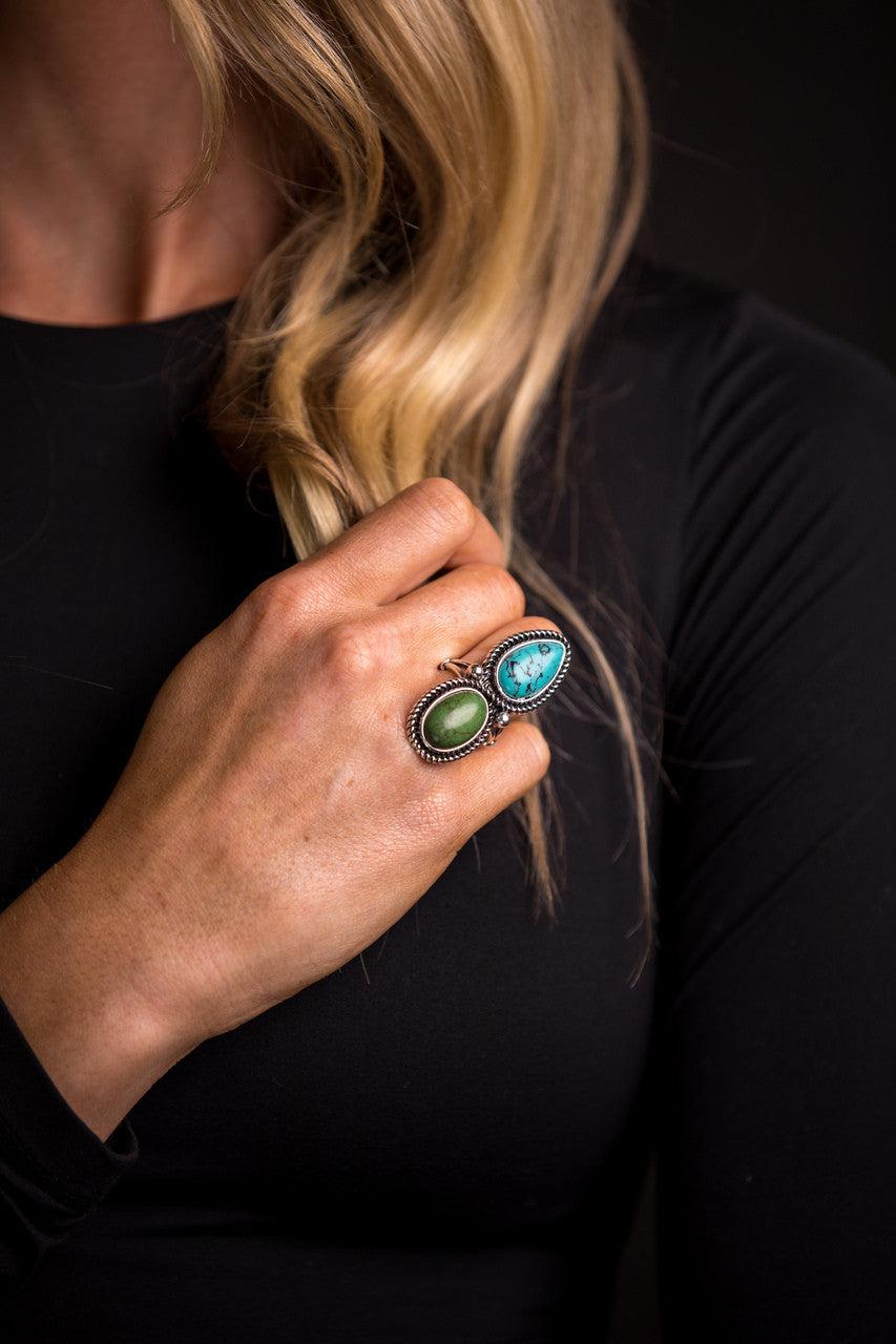 West and Co. 2 inch Adjustable Turquoise and Green Teardrop and Oval Two Stone Rings R293TQGRN