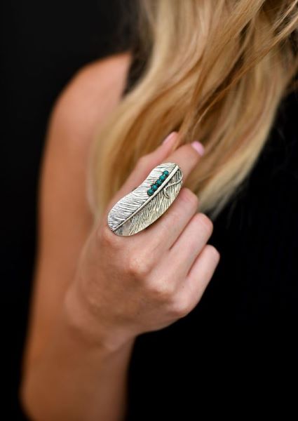 West and Co Adjustable Burnished Silver Feather Ring with Turquoise Accent R267