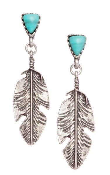West and Co Burnished Silver Feather Earrings with Turquoise Stones E339BS