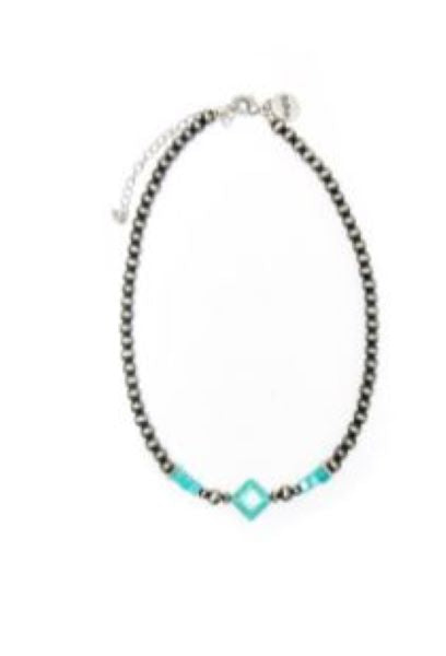 West and Co. Metallic Silver look 16 inch Faux Navajo Pearl Necklace with Turquoise Diamond Accent N1403