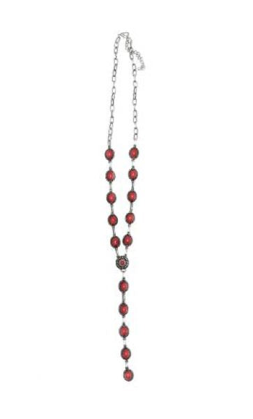 West and Co. Red 24 inch Dainty Silver Oval Red Concho Lariat Style Necklace N1223RD