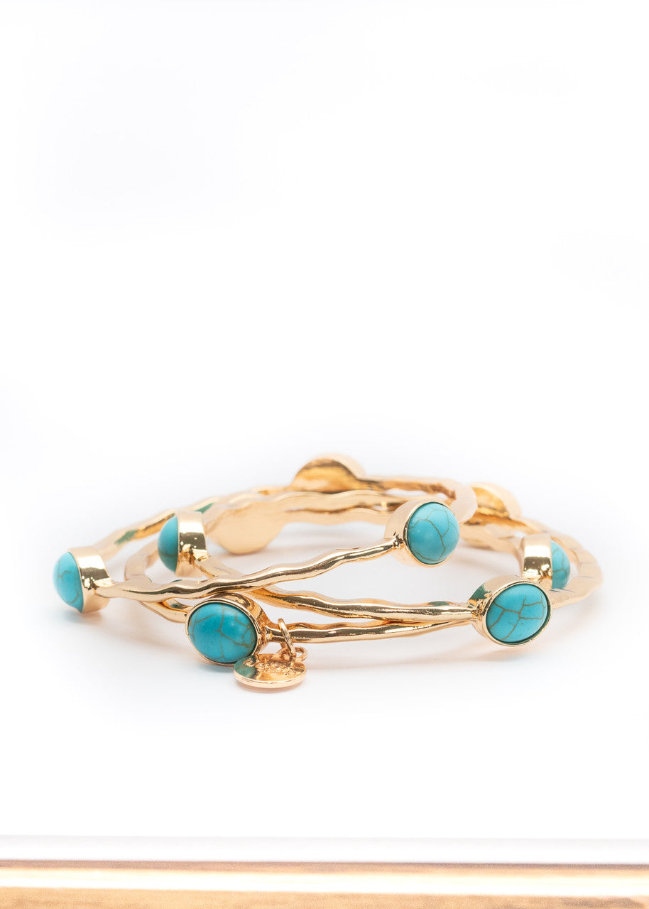 West and Co. Set of 3 Burnished Gold Bangles with Accent Ovals BR251-TURQ