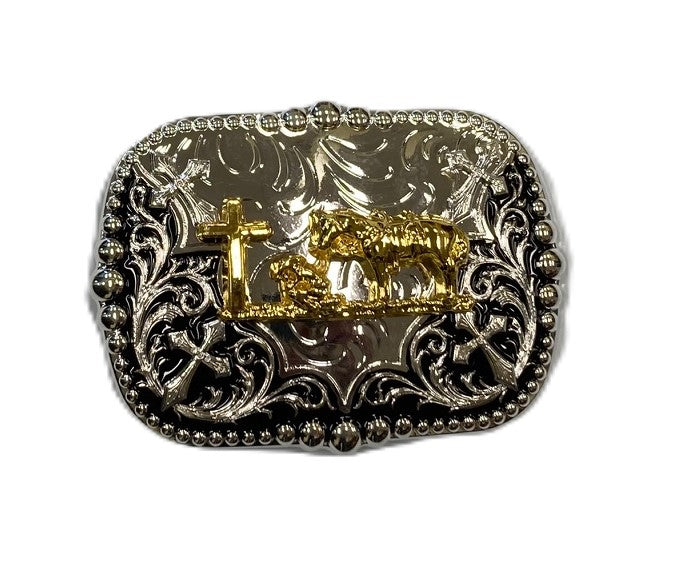 West Star Gold/Silver Look Praying Cowboy 2 Tone Buckle PRAYCB2TONESQ