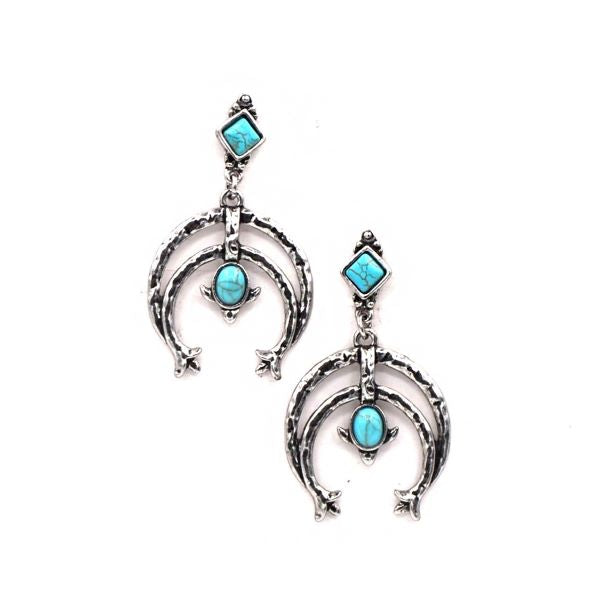 Western Elite Silver Plated 2 inch Squash Blossom Dangling Earrings with Blue Turquoise Stones ER180420-20TURQ
