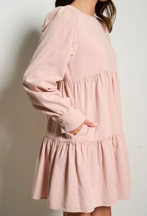 Wholesale Fashion Dusty Pink Women's Long Sleeve Pockets Tiered Denim Mini Dress D-65-B-H14386D