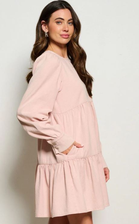 Wholesale Fashion Dusty Pink Women's Long Sleeve Pockets Tiered Denim Mini Dress D-65-B-H14386D