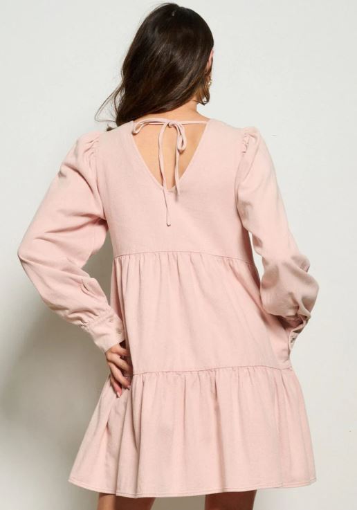Wholesale Fashion Dusty Pink Women's Long Sleeve Pockets Tiered Denim Mini Dress D-65-B-H14386D