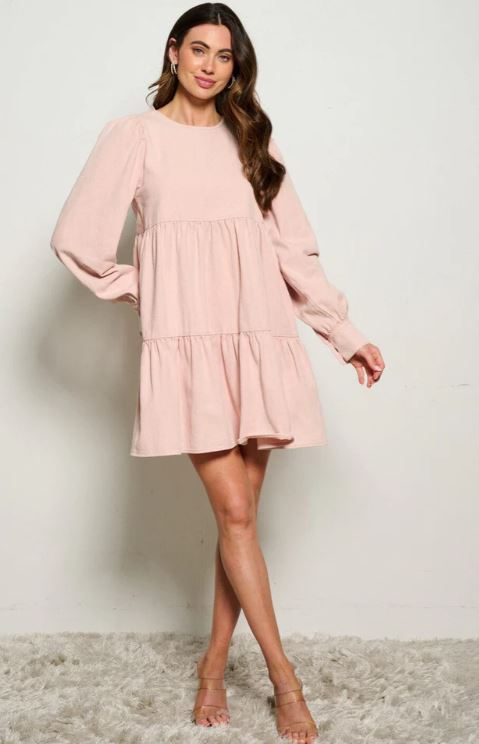 Wholesale Fashion Dusty Pink Women's Long Sleeve Pockets Tiered Denim Mini Dress D-65-B-H14386D
