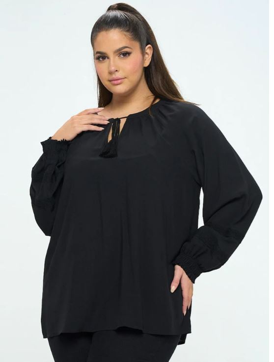 Wholesale Fashion Trends Black Long Sleeve V-Neck Lace Detailed Tunic Curvy Size Blouse Top G-1-B-8135T