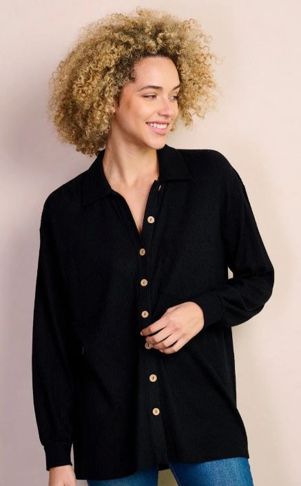 Wholesale Fashion Trends Black Women's Long Sleeve Button Up Front Pockets Ribbed Blouse Top B-23-B-PST7741