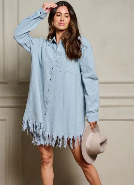Wholesale Fashion Trends Blue Women's Long Sleeve Button Up Front Pocket Tassel Trim Mini Dress D-16-A-T11822